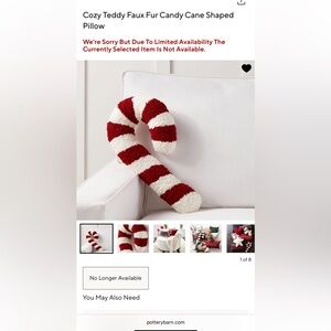 New Pottery Barn Cozy Teddy Faux Fur Christmas Candy Cane Shaped Pillow, 20”